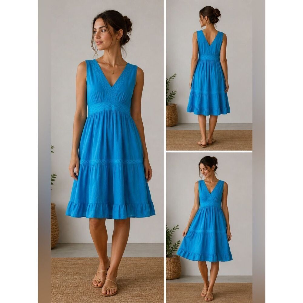 Elizabeth Scott Cotton Sleeveless Ruffled Summer Dress Crochet Details Size M/L
